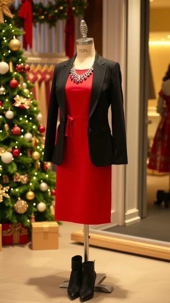 Elegant Christmas Eve Dinner Outfit Elegant Christmas Eve outfit with a red dress, black blazer, and ankle boots, set against a festive background.